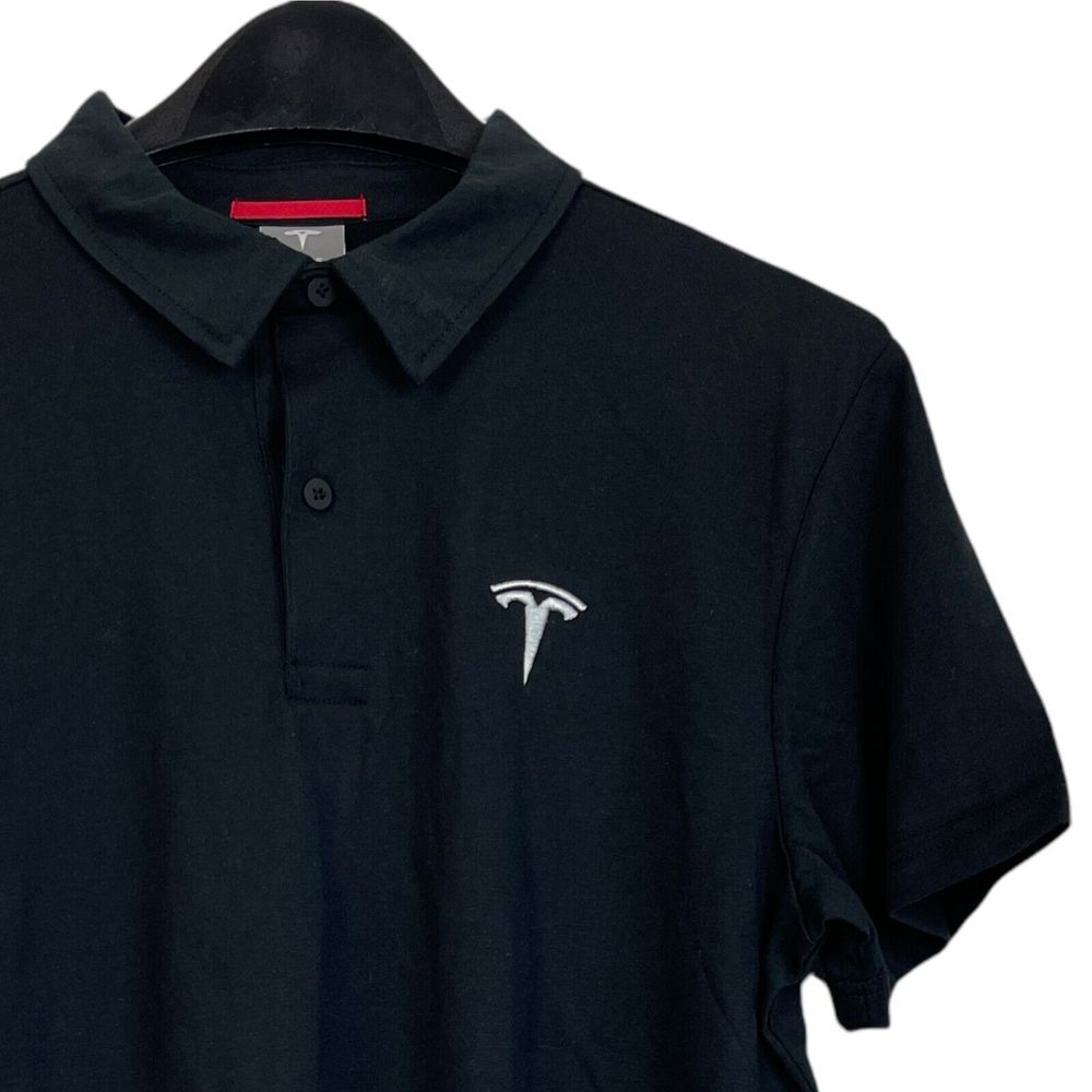 Tesla Mens Medium Cotton + Polyester Short Sleeve Quick Dry Polo Logo Black Elon